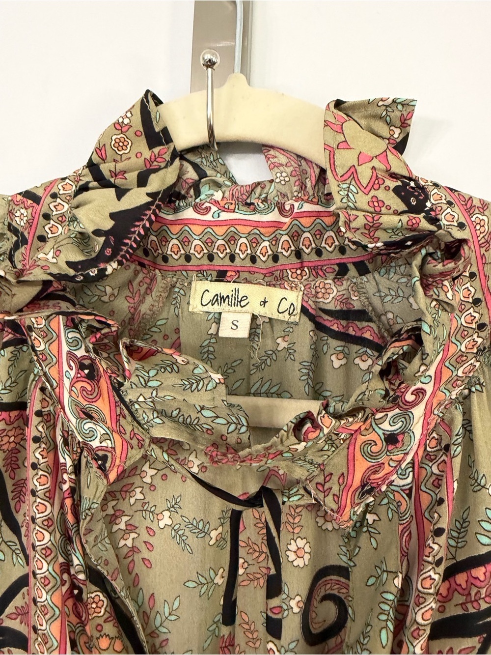 Camille & Co. Women’s Small (but loose!) Olive green paisley ruffle collar maxi - Picture 3 of 7